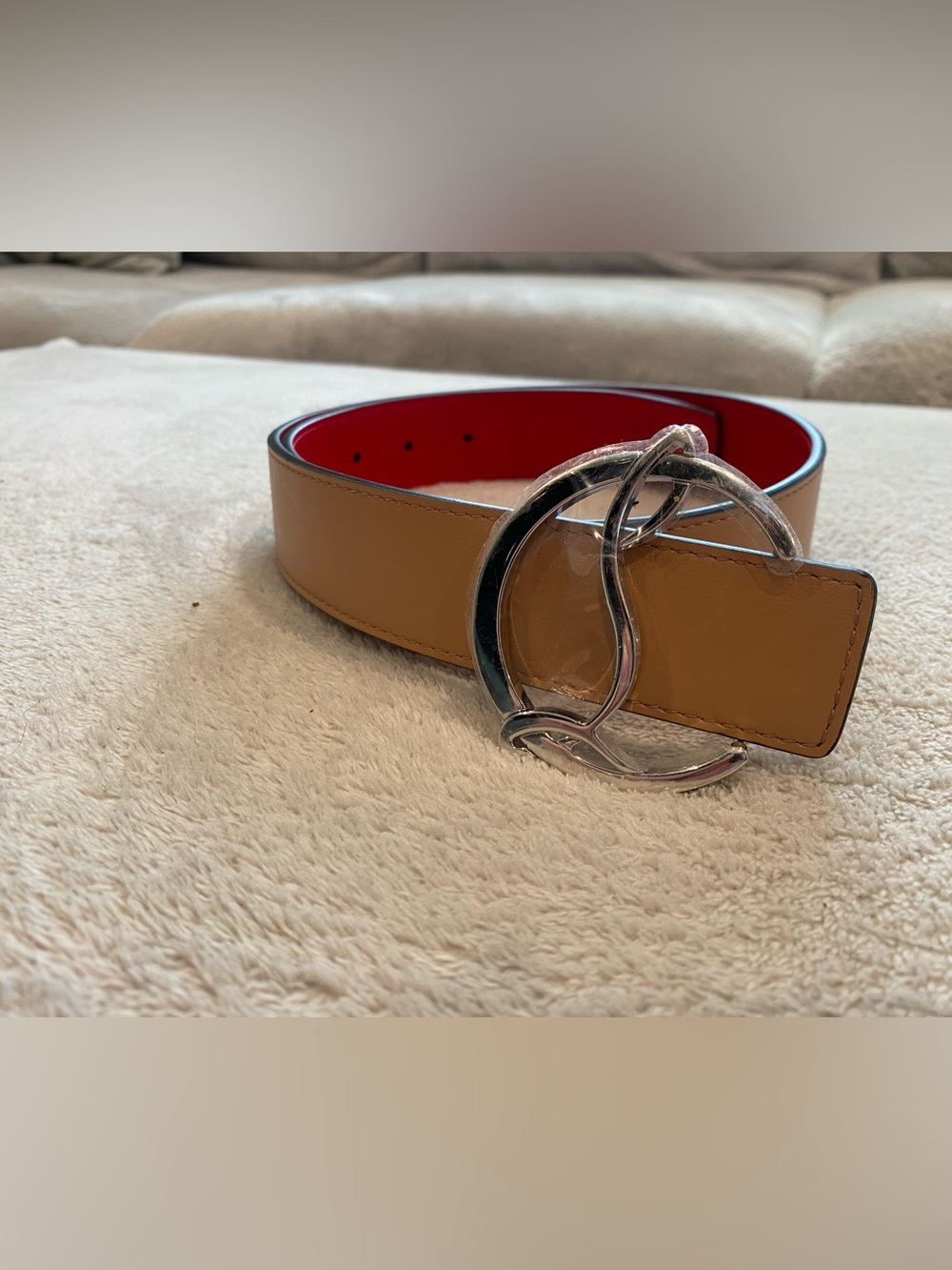 Christian Louboutin Tan Leather Belt with Red Interior and Silver Logo Buckle
